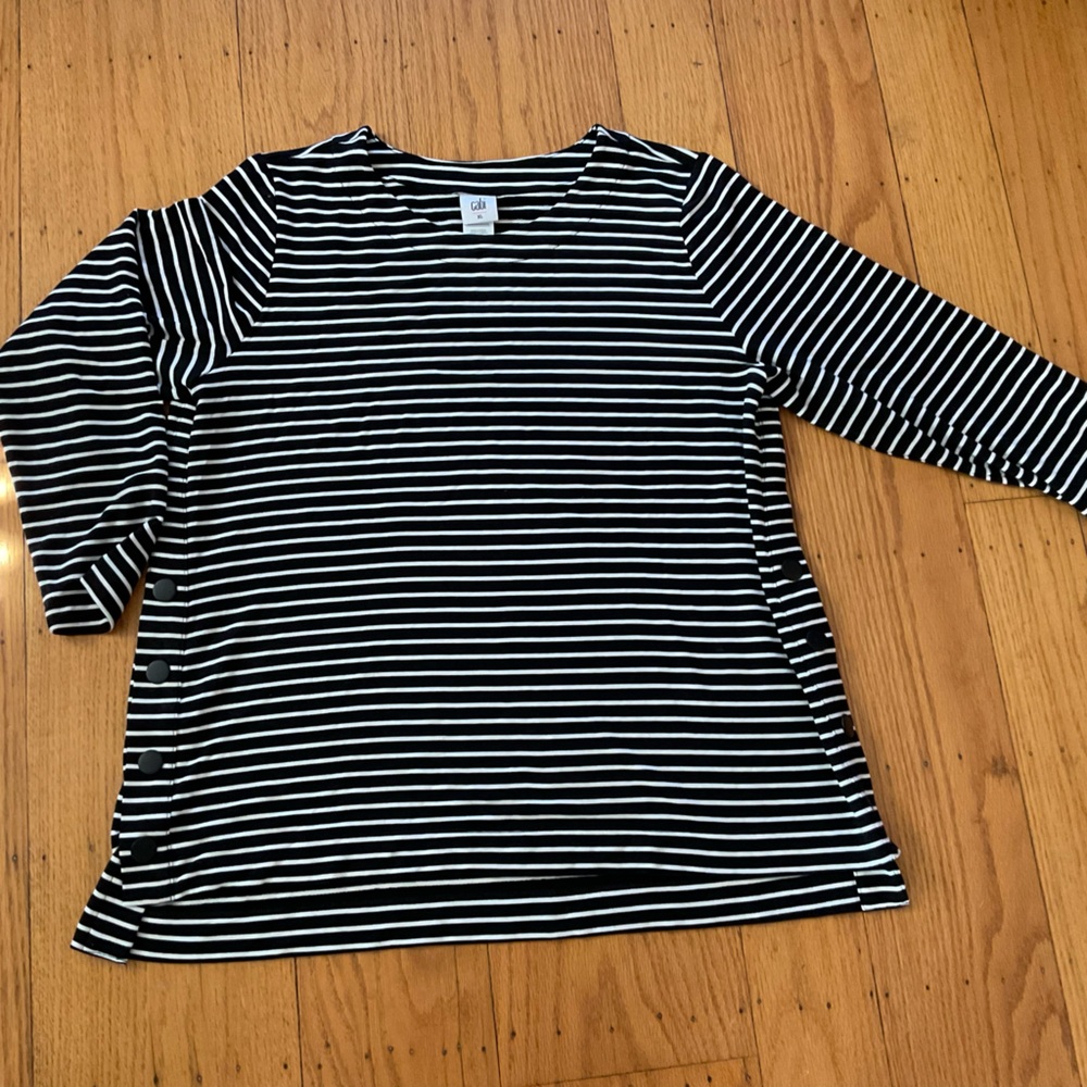 CAbi Side Snap Long Sleeve Tee Black & White Stripe Spring 2023